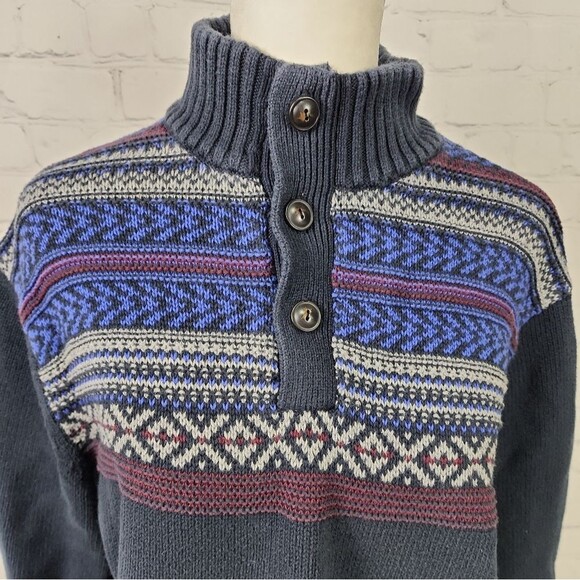 Chaps Navy Blue Turtleneck Sweater with Colorful Chest Design - Picture 2 of 7